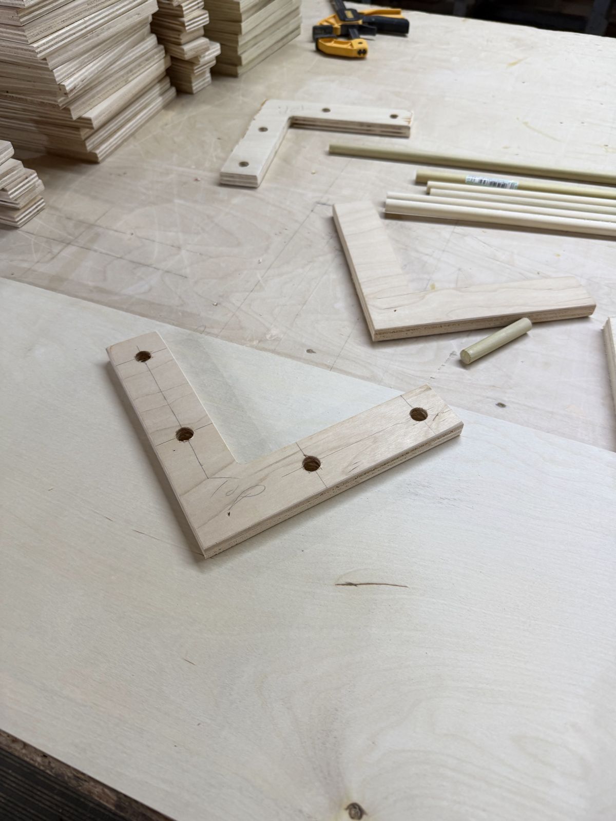 Doweled corner joints laid out on a panel